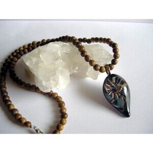 Handblown Glass Pendant On 20” Wooden Bead Necklace Boho Style Artisan Made 2008